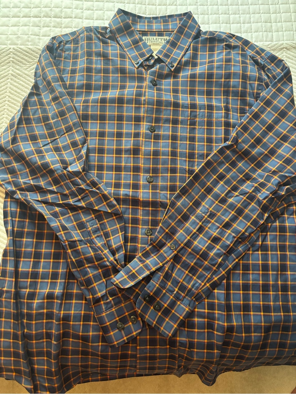 Duluth Trading Co Men's Blue and Orange Plaid Button-Up Shirt